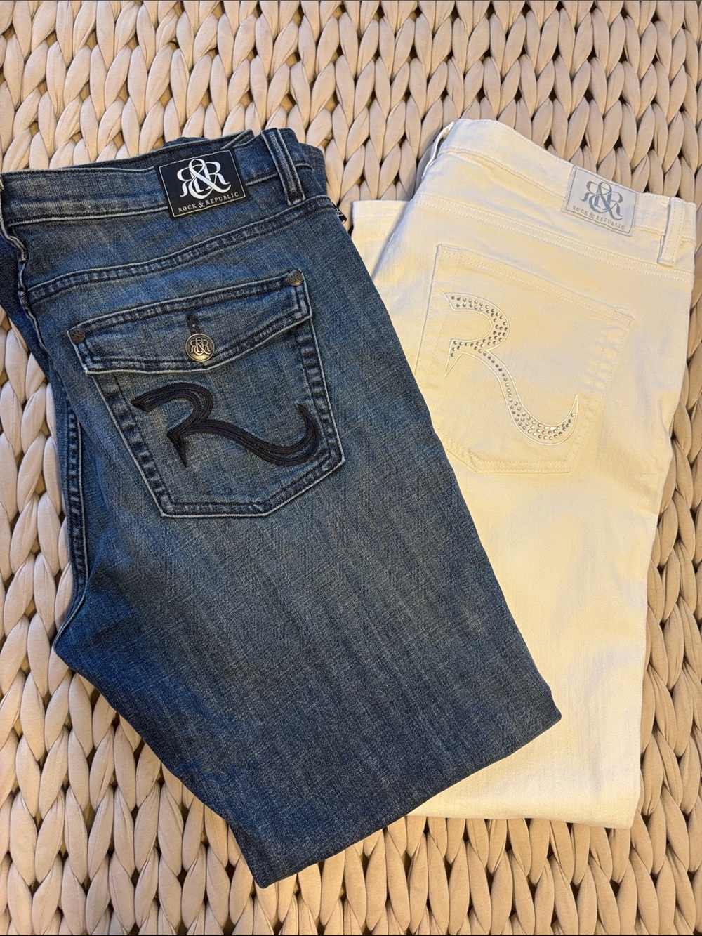 2 pair-Rock & Republic Women's Denim Jeans-embroidered & crystal back pockets